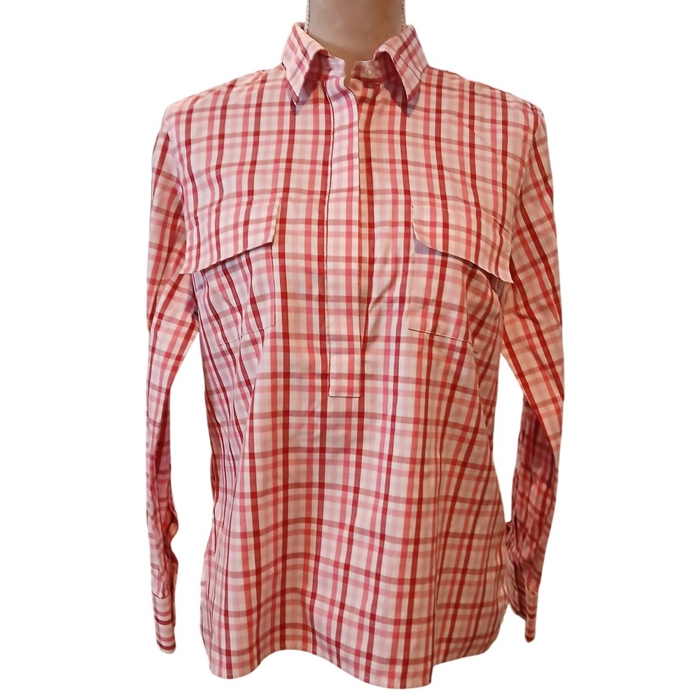 Lands End No Iron Pinpoint Oxford Shirt Womens 12P Red Pink Plaid Henley Blouse